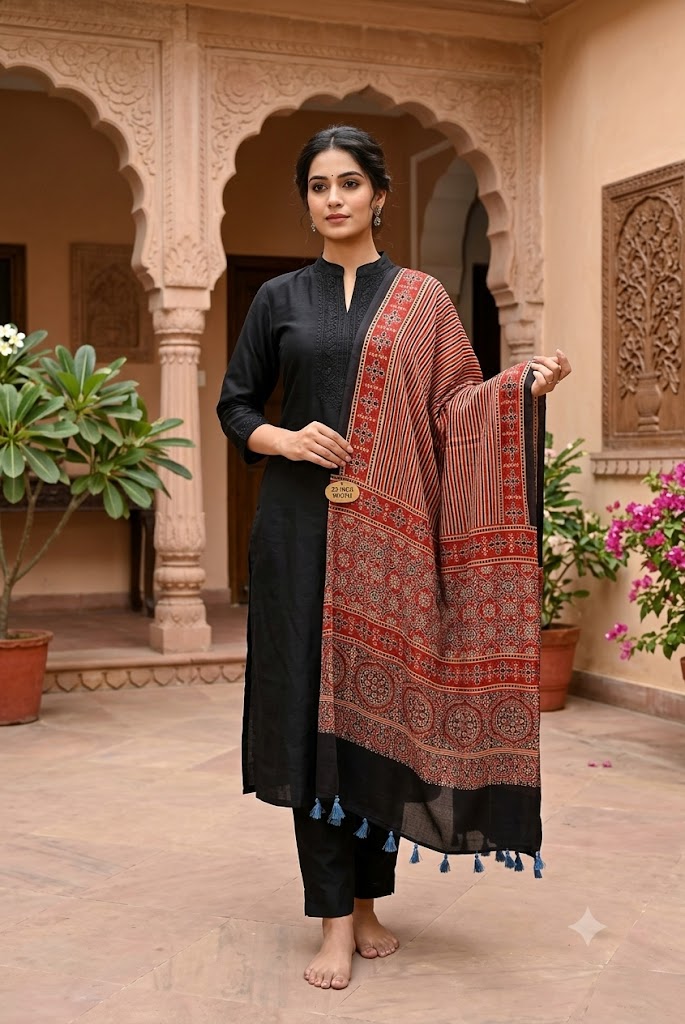 Beautiful Hand Block Printed Ajrakh Modal Silk stole with Tassels
