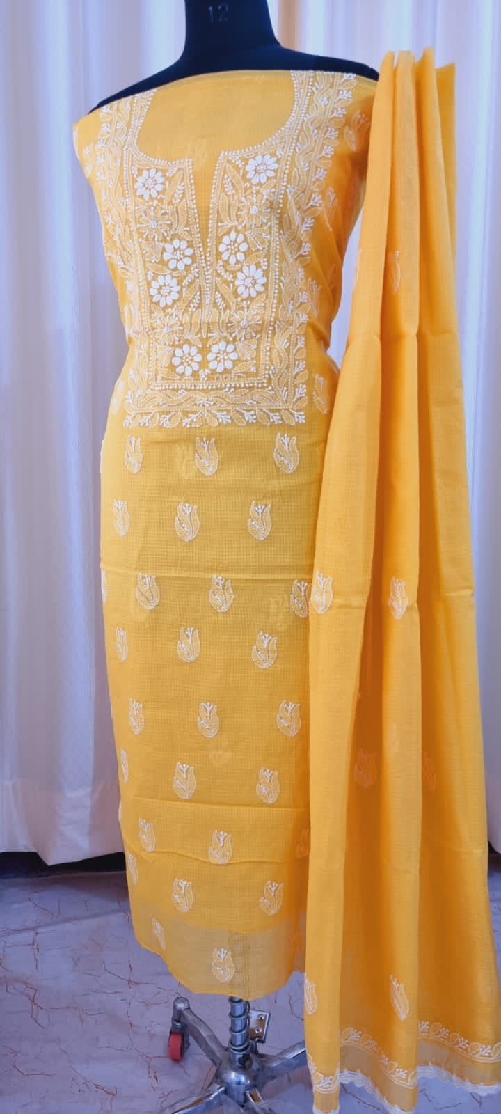 Elegant Kota Doria Kurta & Dupatta Set with Lucknowi Hand Chikankari embroidery