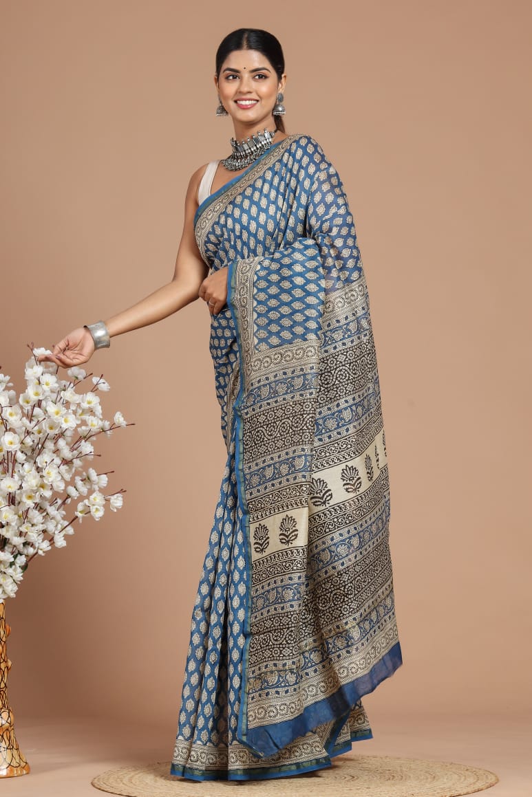 Beautiful Hand Block Printed Chanderi Silk Cotton Saree