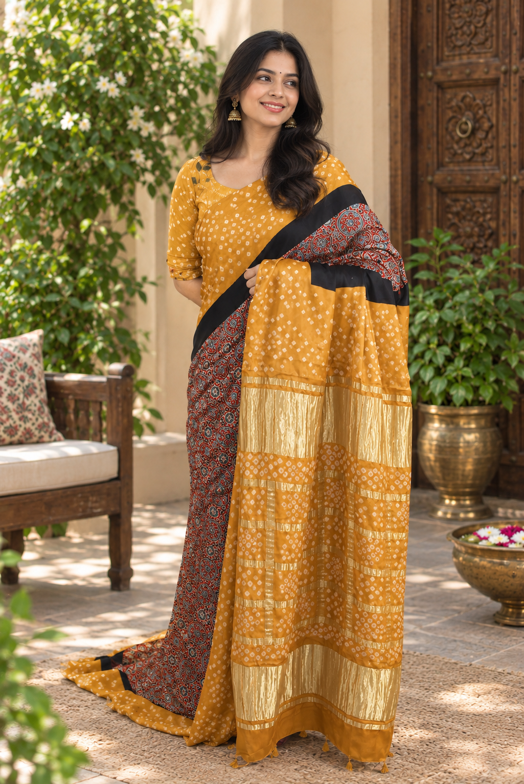 Beautiful Hand-Crafted Modal Silk Bandhani + Ajrakh Hand Block print Saree