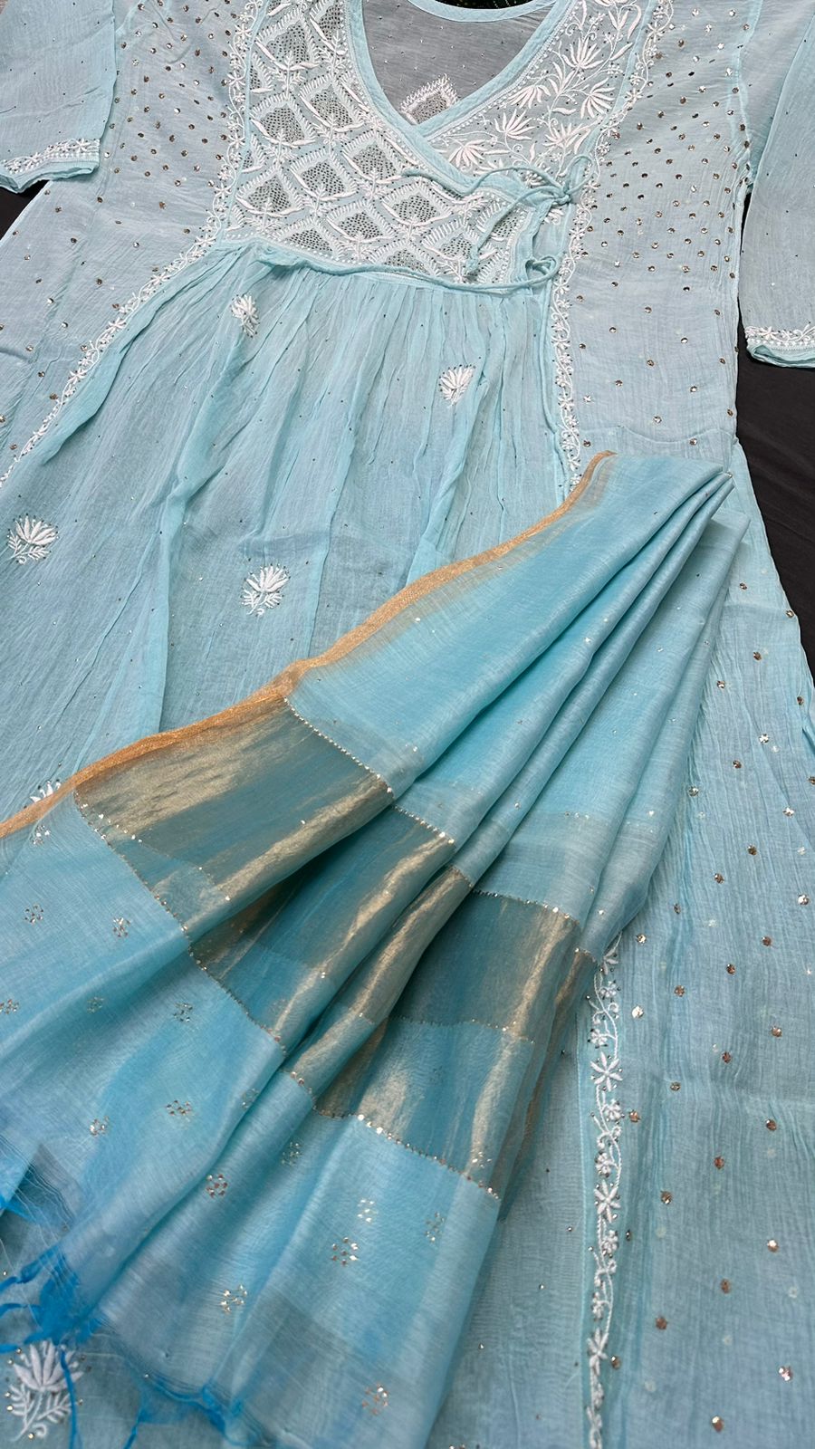 Elegant Mul chanderi silk Semi stitched Angarkha & dupatta set with Chikankari & Muqaish work