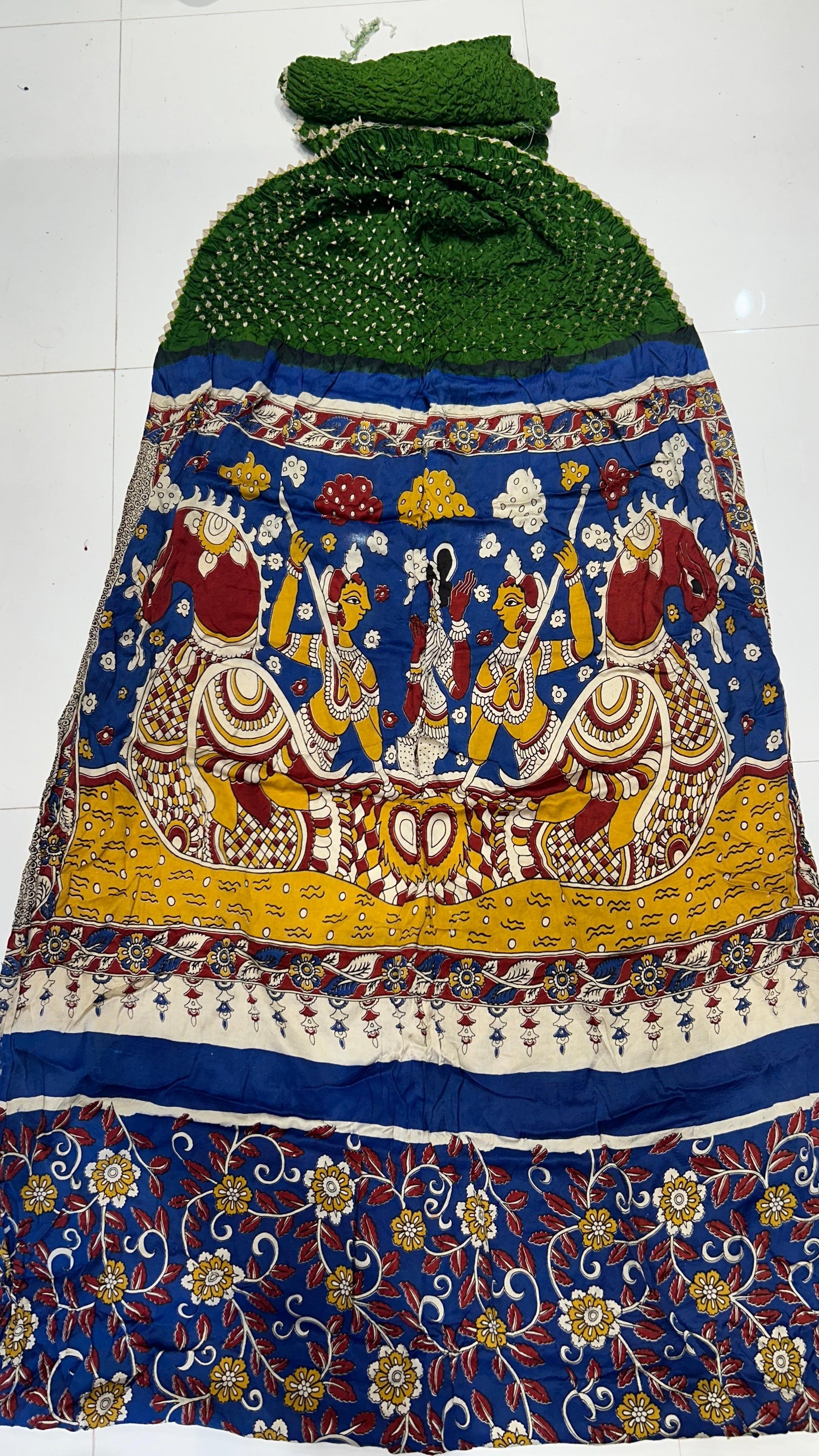 Beautiful Hand-Crafted Modal Silk Bandhani + Kalamkari print Saree