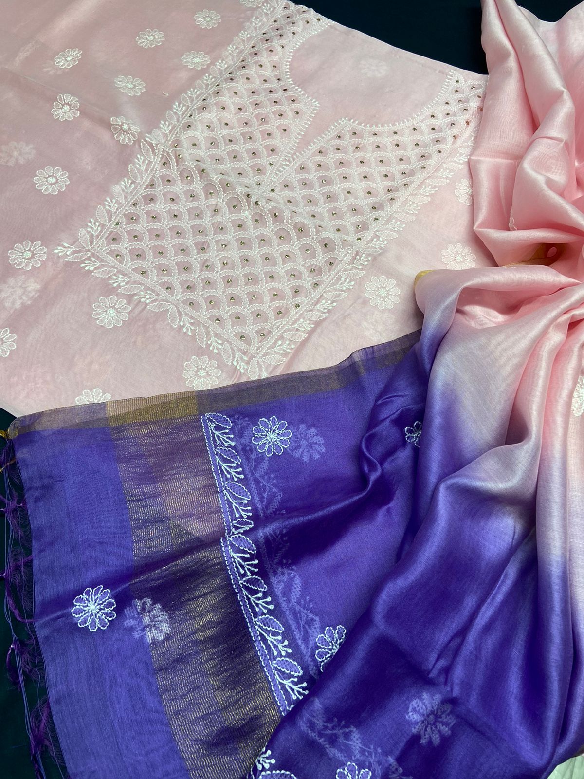 Elegant Chanderi Kurta & Tie & Dye Dupatta Set with Chikankari Embroidery & Muqaish work