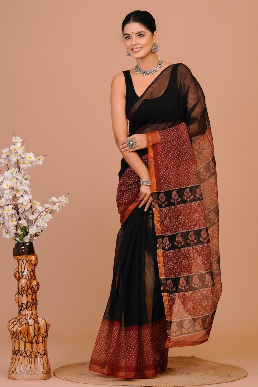 Beautiful Hand Block Printed Kota cotton Saree with zari border