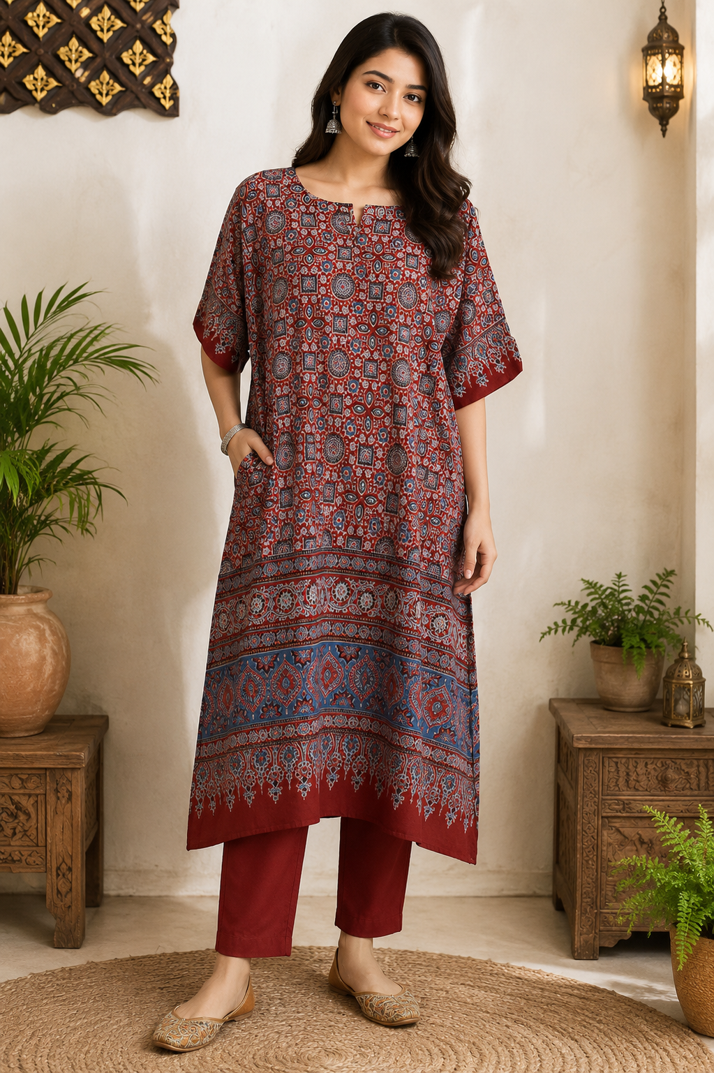 Beautiful Hand Block Printed Ajrakh Cotton Kaftan Kurta, Free Size
