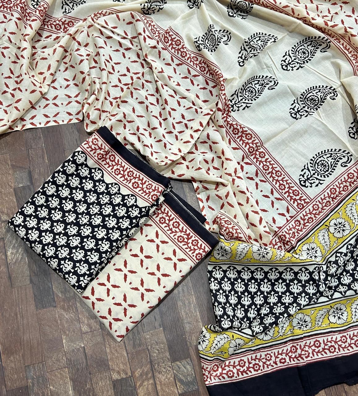 Elegant Bagru Block Printed unstitched suit fabric with Cotton dupatta