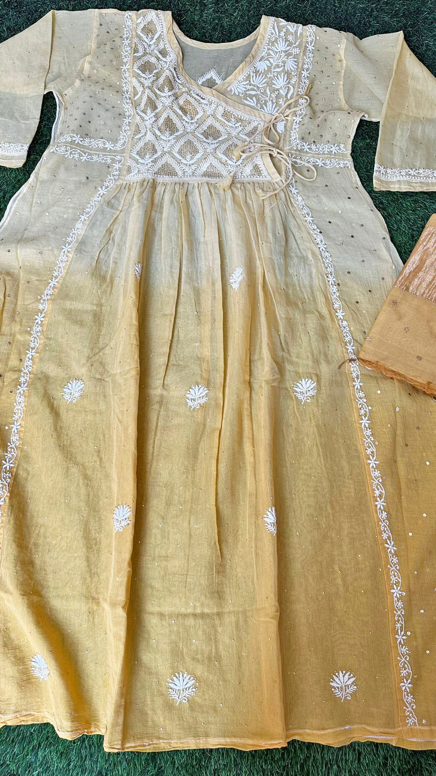 Elegant Mul chanderi silk Semi stitched Angarkha & dupatta set with Chikankari & Muqaish work