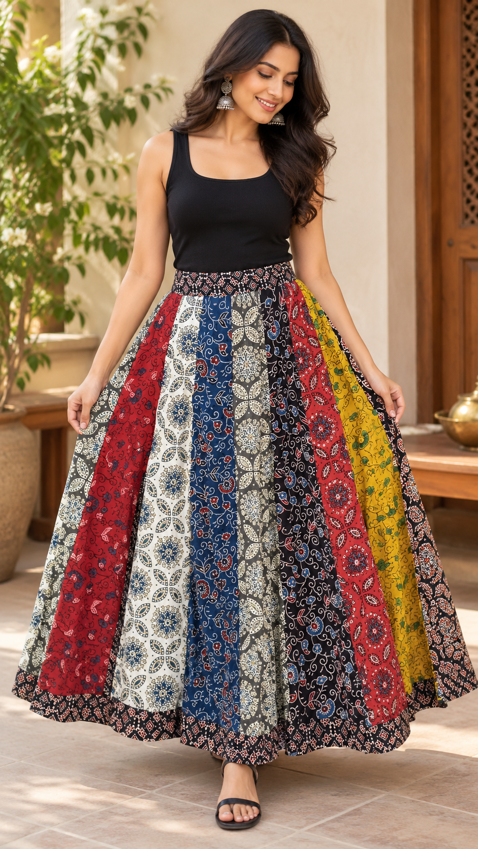 Beautiful Ajrakh Patch Work Cotton Long Skirt with Stitched borders NO - 1