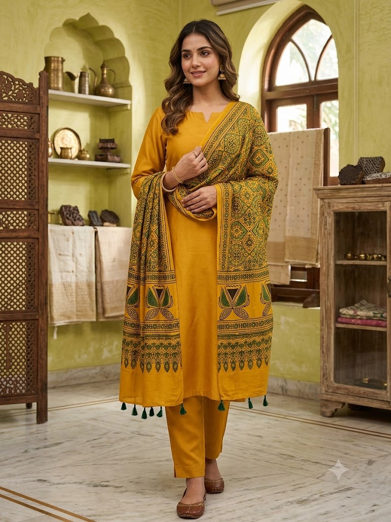 Beautiful Hand Block Printed Ajrakh Modal Silk stole with Tassels