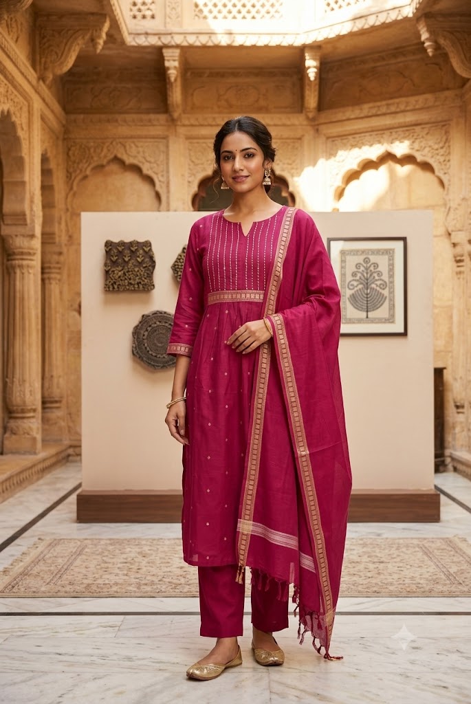 Designer Hand Block Printed Cotton 3 pc Suit - 40 to 46 size