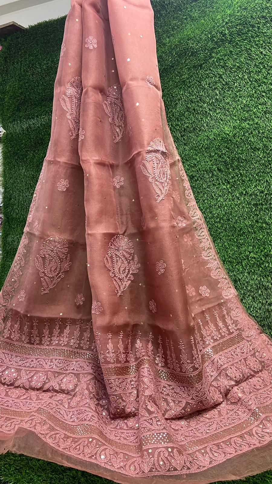 Lucknowi Chikan & Muqaish work Soft pure Organza silk Saree with blouse
