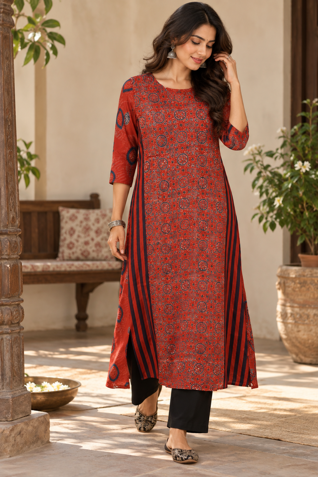 Beautiful Hand Block Printed Ajrakh Modal Silk Kurta, Size 38 to 44