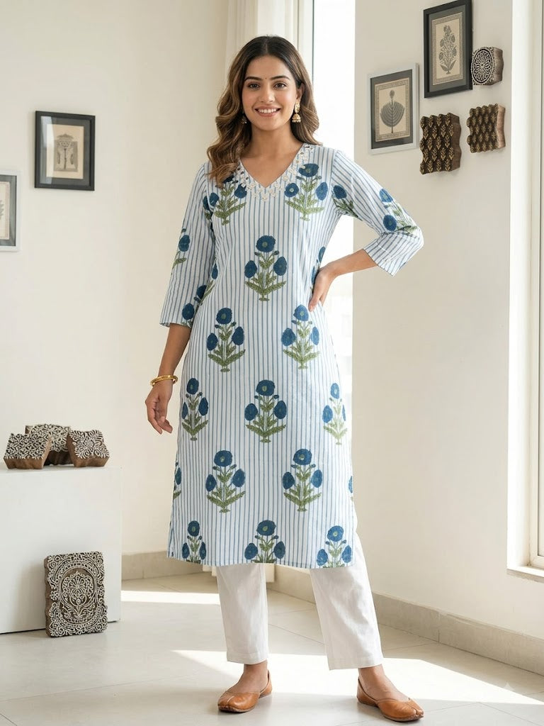 Designer Hand Block Printed cotton Kurta With Mirror Work - Size 40 to 46 ( all sizes)