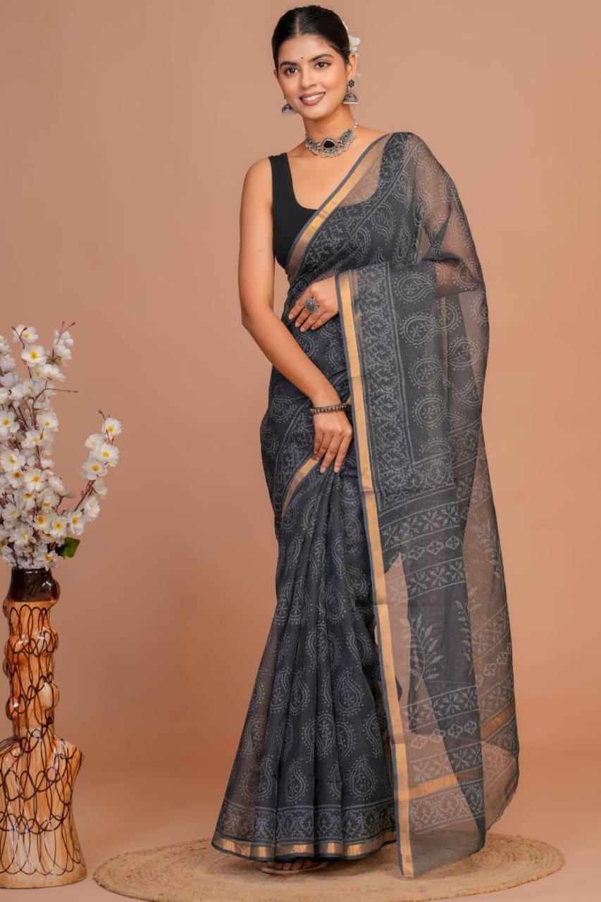 Beautiful Hand Block Printed Kota cotton Saree with zari border
