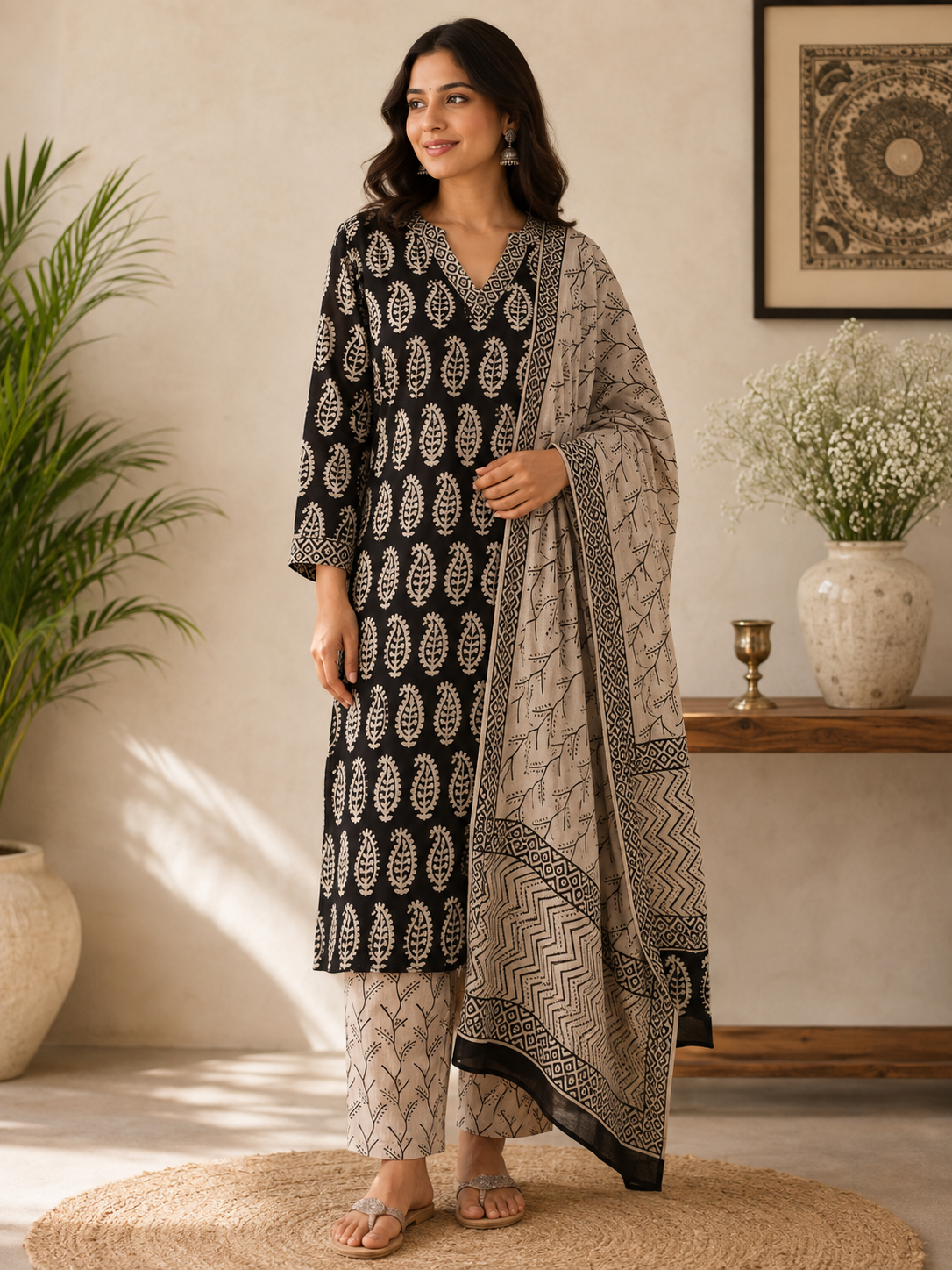Hand Block Printed Cotton suit with Hand Embroidery - Kurta , Cotton Dupatta & Pant - size 38, 40, 42, 44, 46