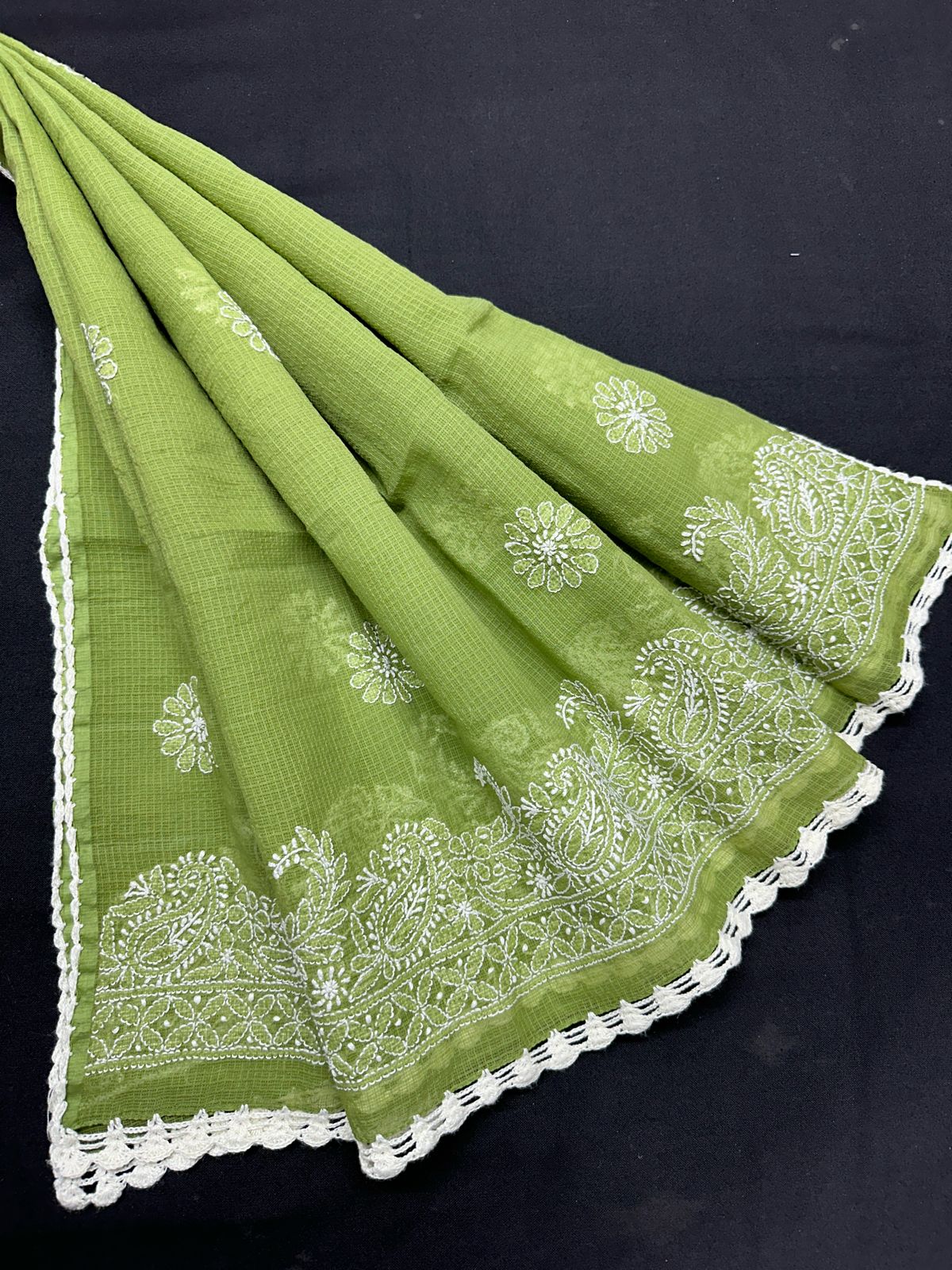 Kota Cotton Dupatta with Hand Chikankari embroidery & crochet borders