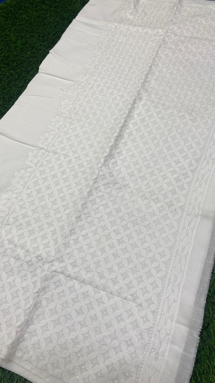 cotton fabric with Hand Chikankari ( for bottom ) - 2.5 mtrs - color Milky White