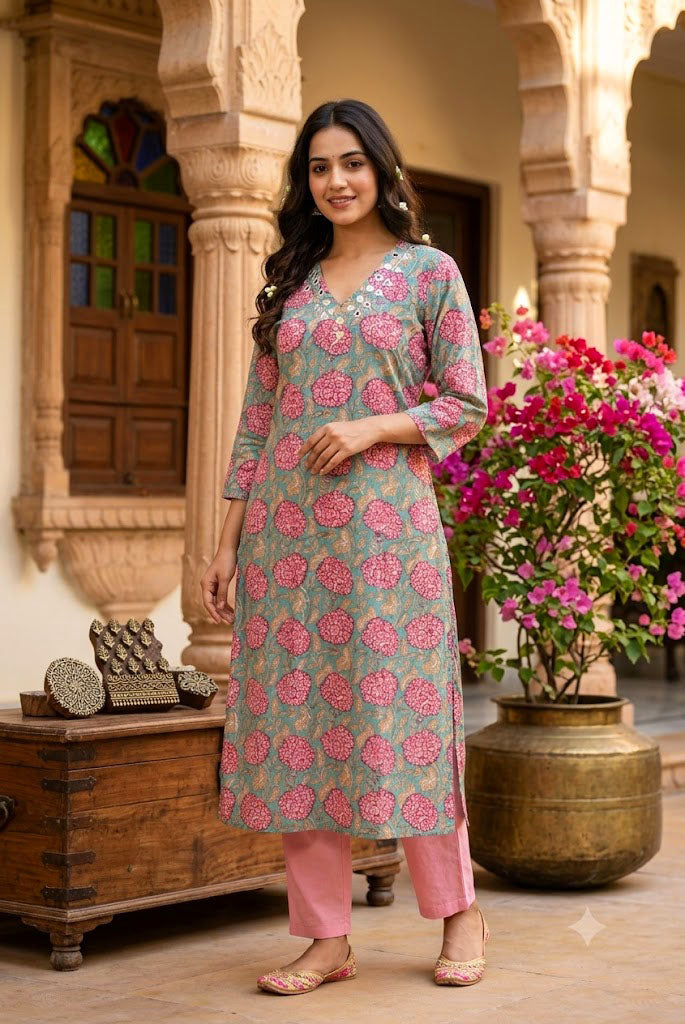 Designer Hand Block Printed cotton Kurta With Mirror Work - Size 40 to 46 ( all sizes)