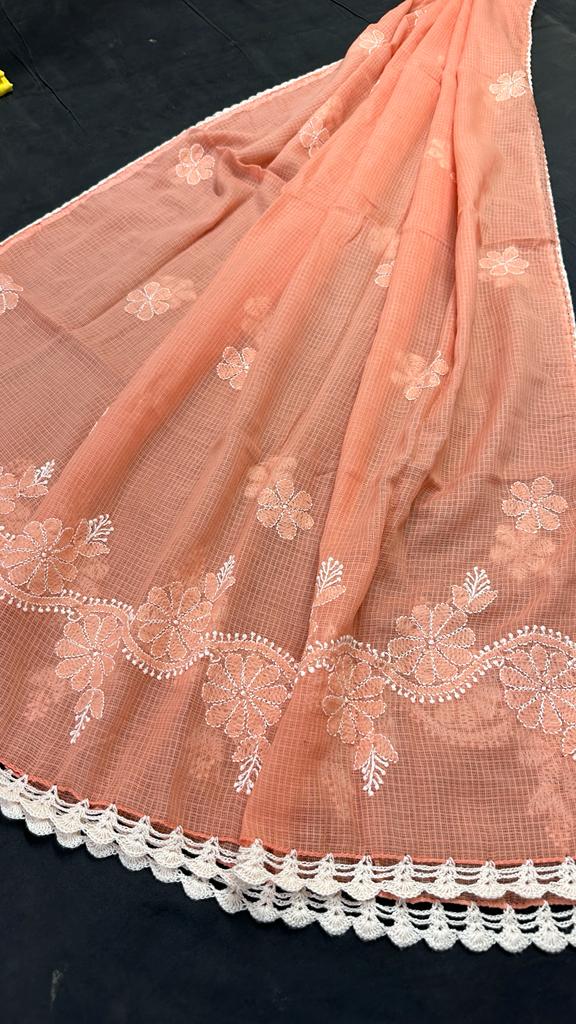 Kota Cotton Dupatta with Hand Chikankari embroidery & crochet borders