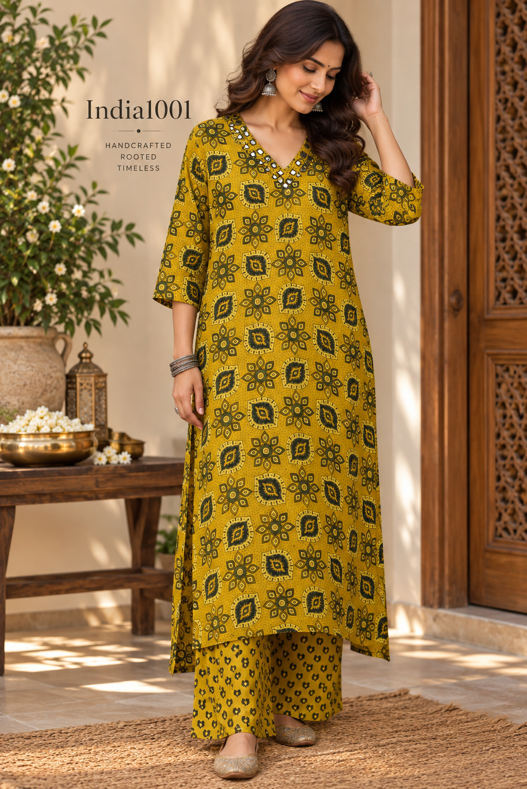 Designer Ajrakh Modal Silk Kurta & Pant With Mirror Work - Size 40 to 46 ( all sizes)