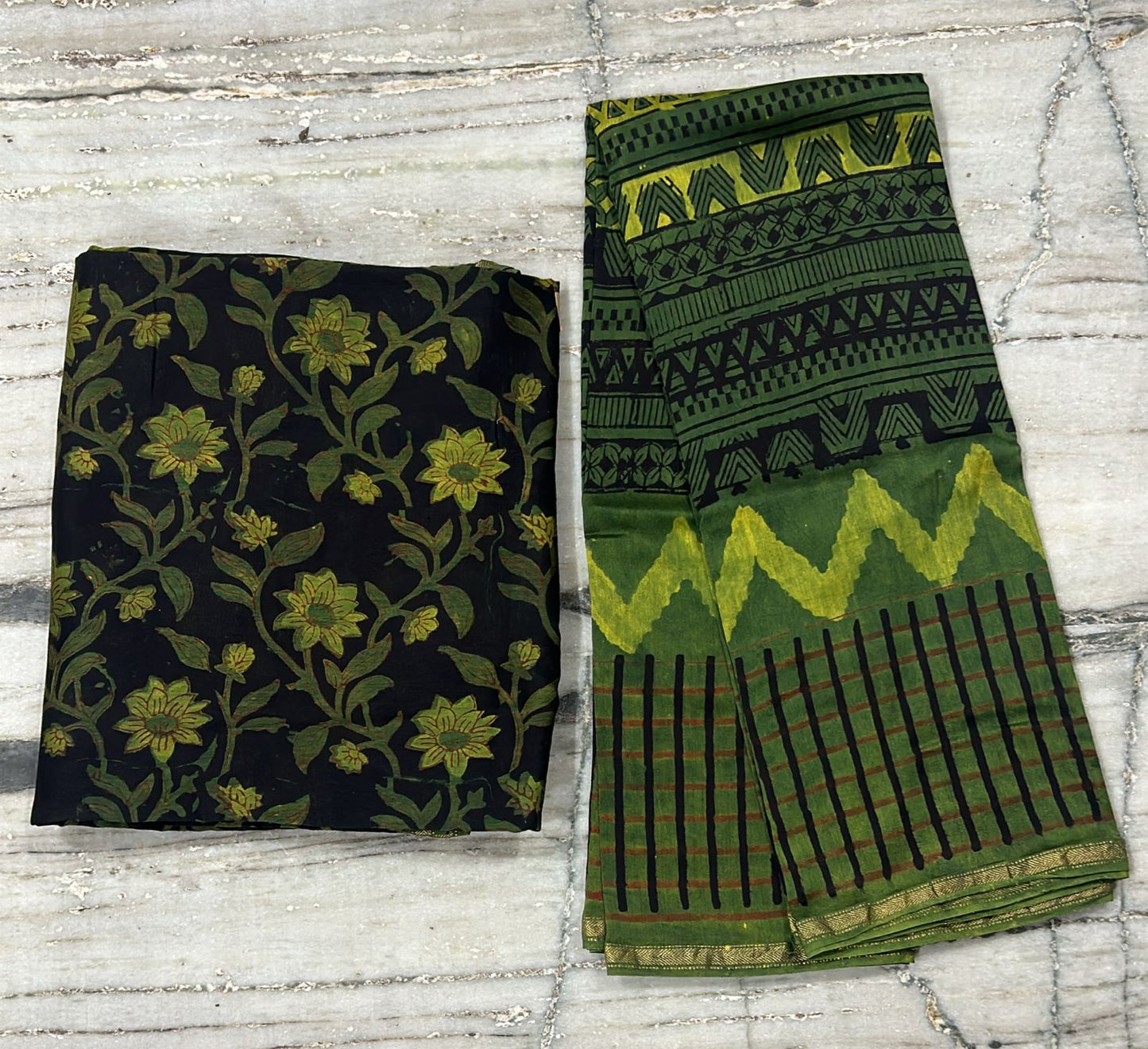 Beautiful Vanaspati Ajrakh Hand Block Printed Maheshwari Silk Cotton set