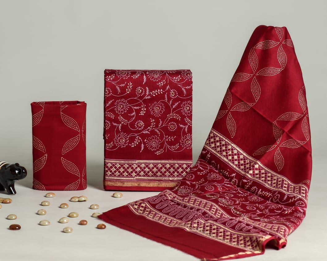 Elegant Khadi (gold) Hand Block Printed Chanderi unstitched suit fabric