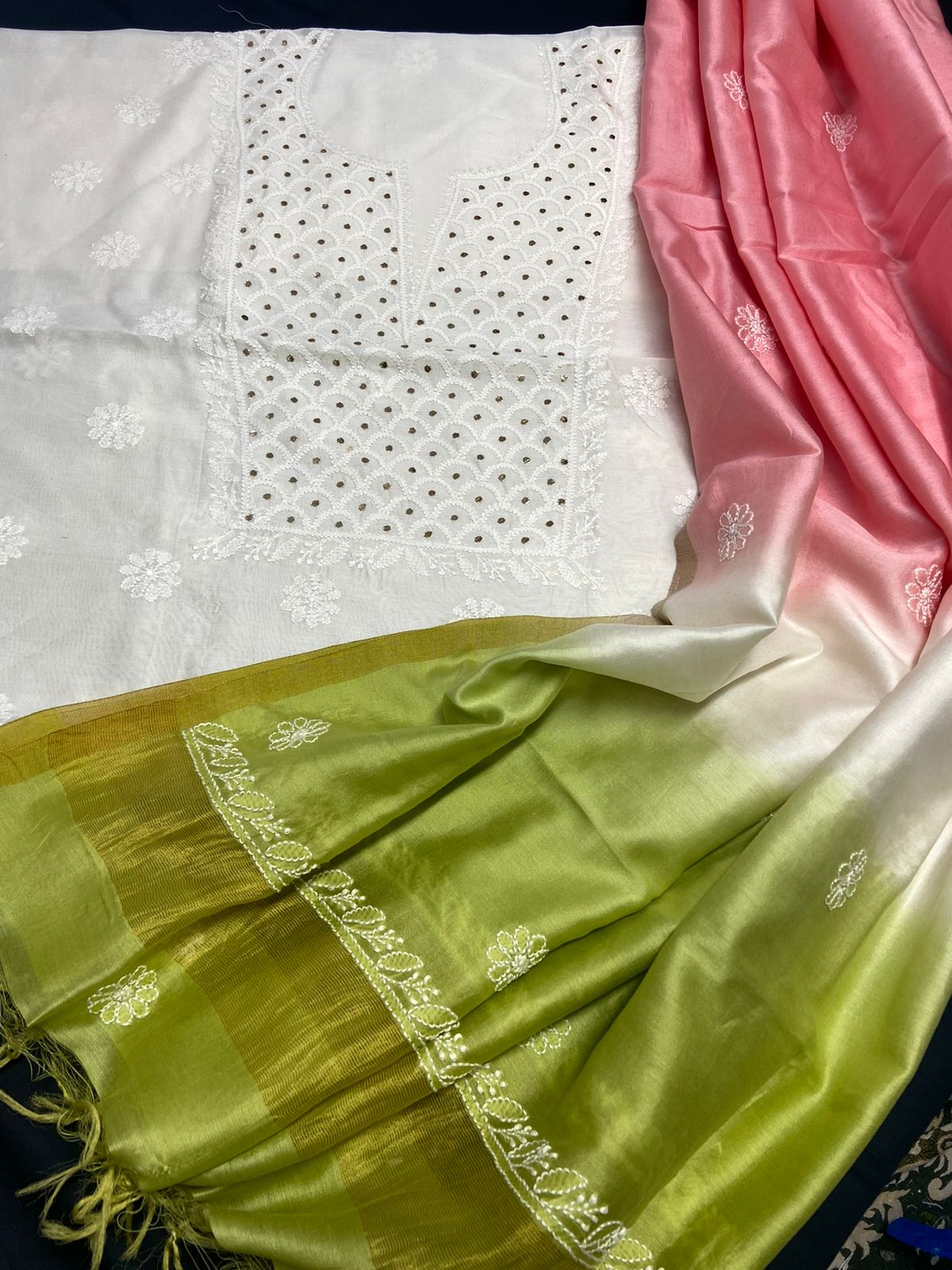 Elegant Chanderi Kurta & Tie & Dye Dupatta Set with Chikankari Embroidery & Muqaish work