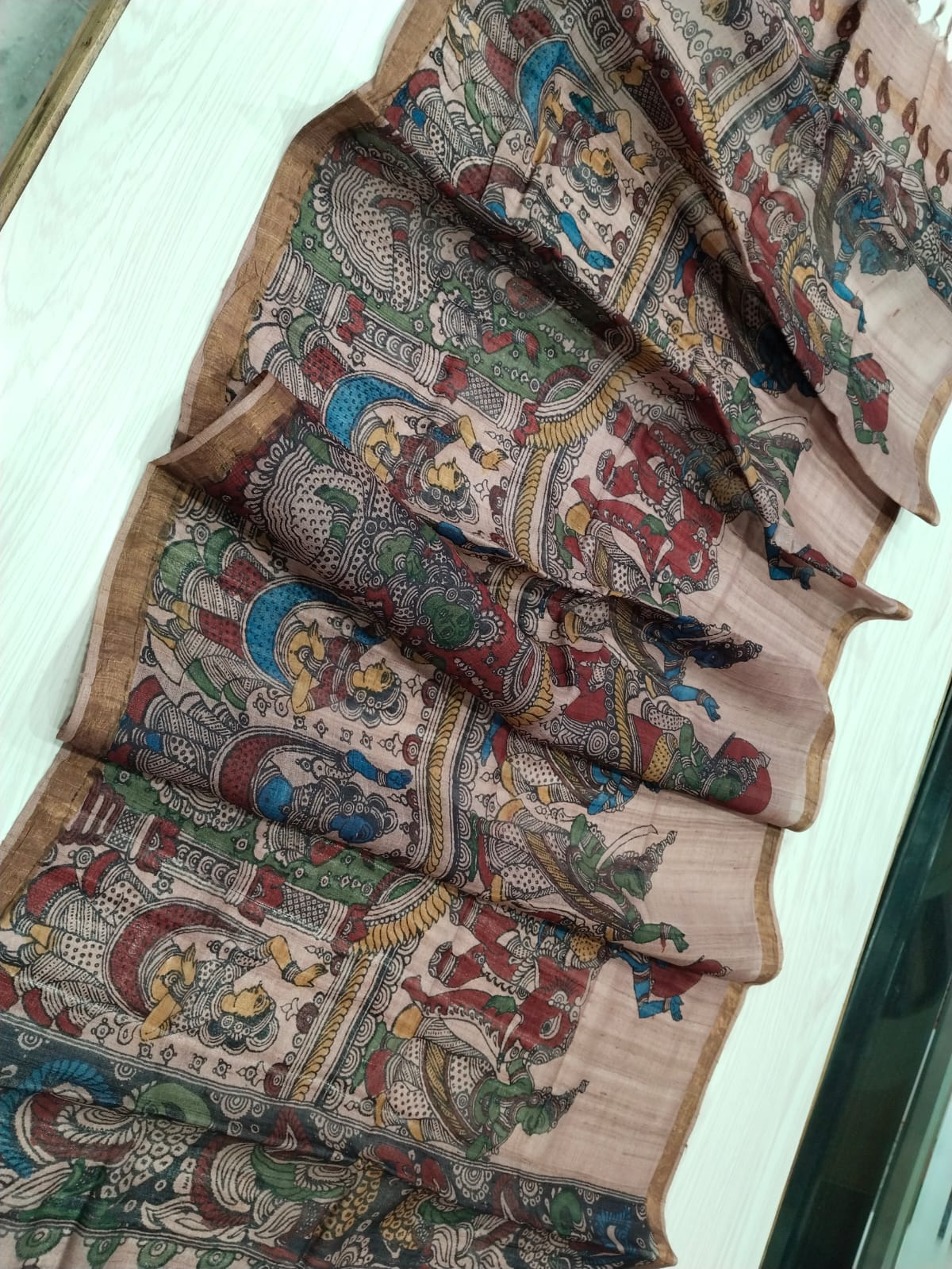 Earthy Hand Painted Kalamkari Desi Tussar Silk Dupatta