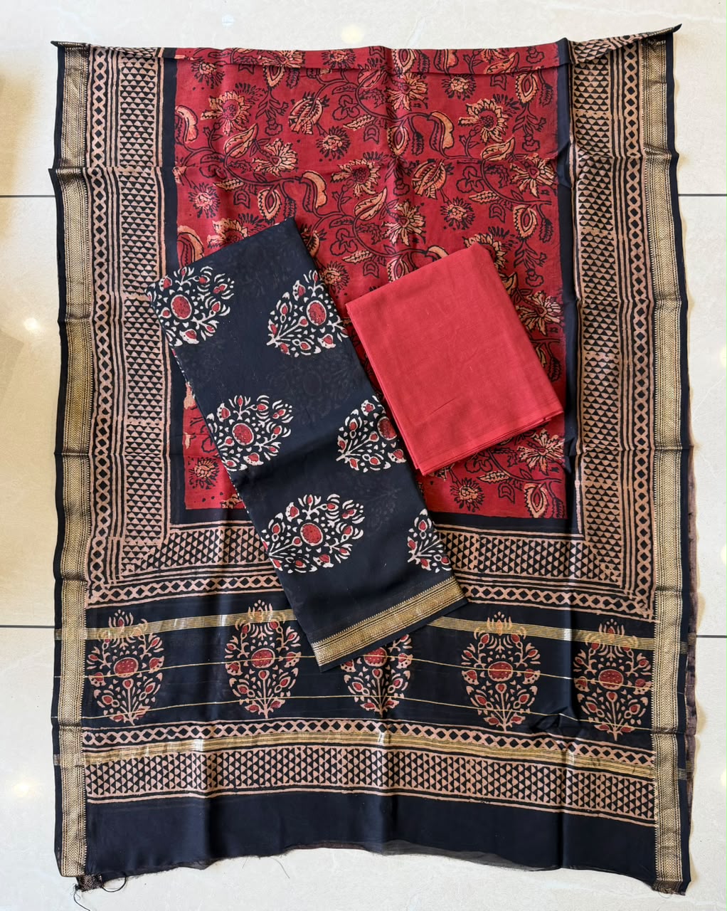 Beautiful Hand Block Printed Maheshwari Silk Cotton Unstitched suit fabric - 3 pc set
