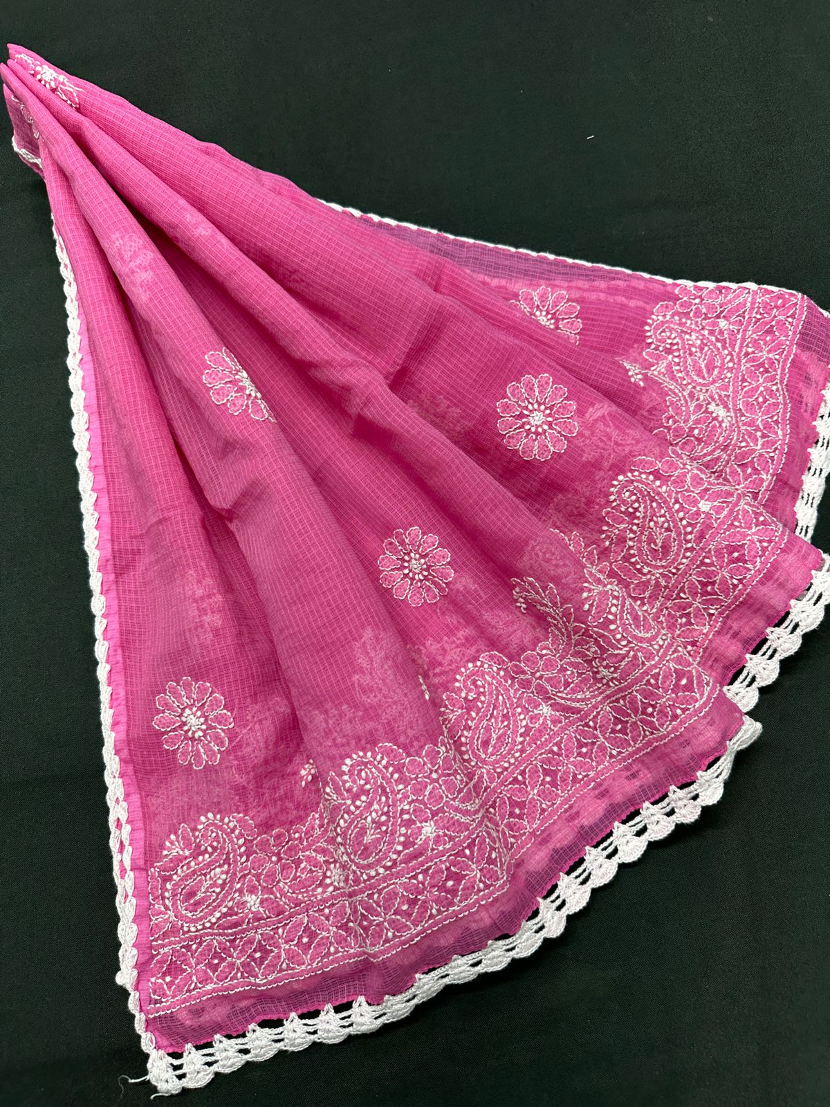 Kota Cotton Dupatta with Hand Chikankari embroidery & crochet borders