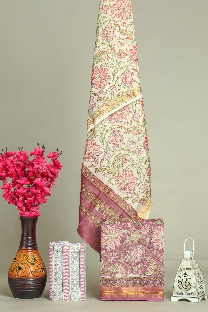 Elegant Sanganer Hand Block Printed Maheshwari Unstitched suit fabric