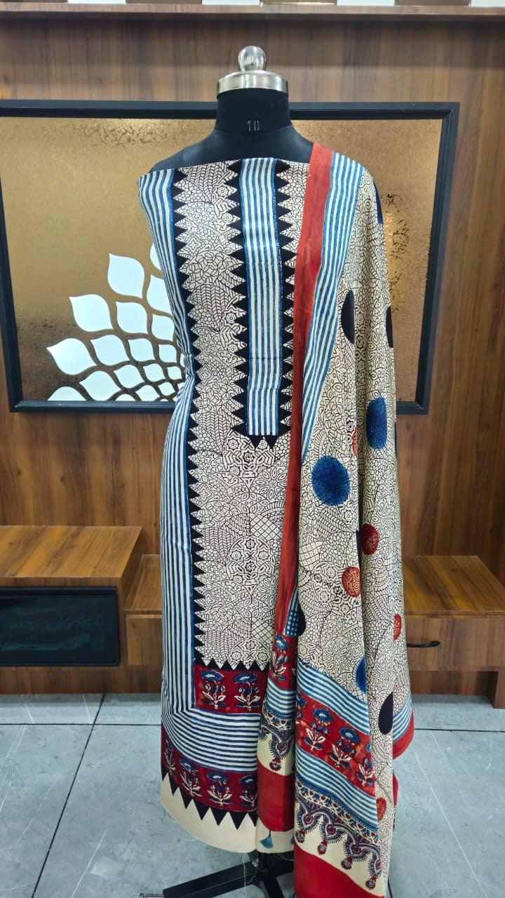 Designer Ajrakh Modal Kurta and Dupatta Set with Neck yoke and panel design