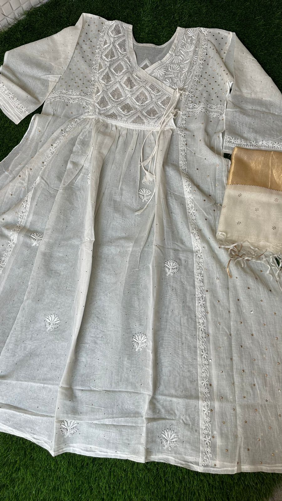 Elegant Mul chanderi silk Semi stitched Angarkha & dupatta set with Chikankari & Muqaish work