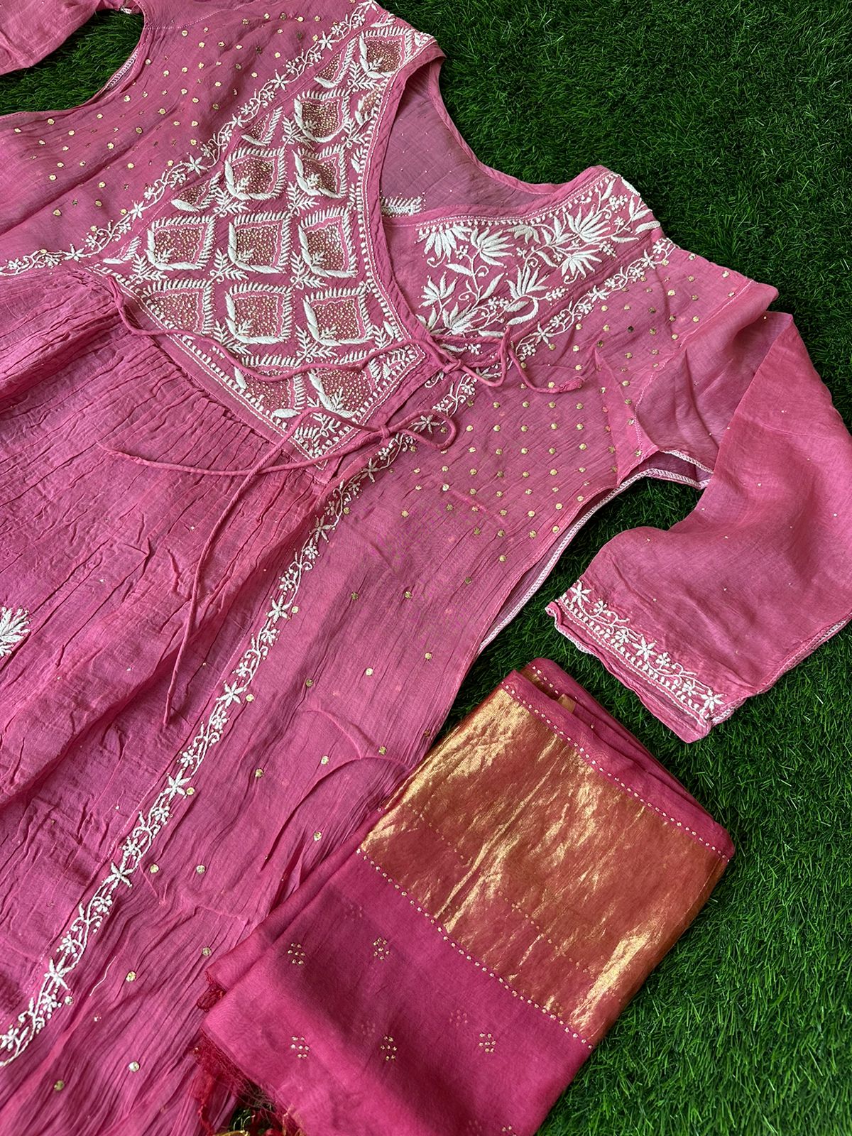 Elegant Mul chanderi silk Semi stitched Angarkha & dupatta set with Chikankari & Muqaish work