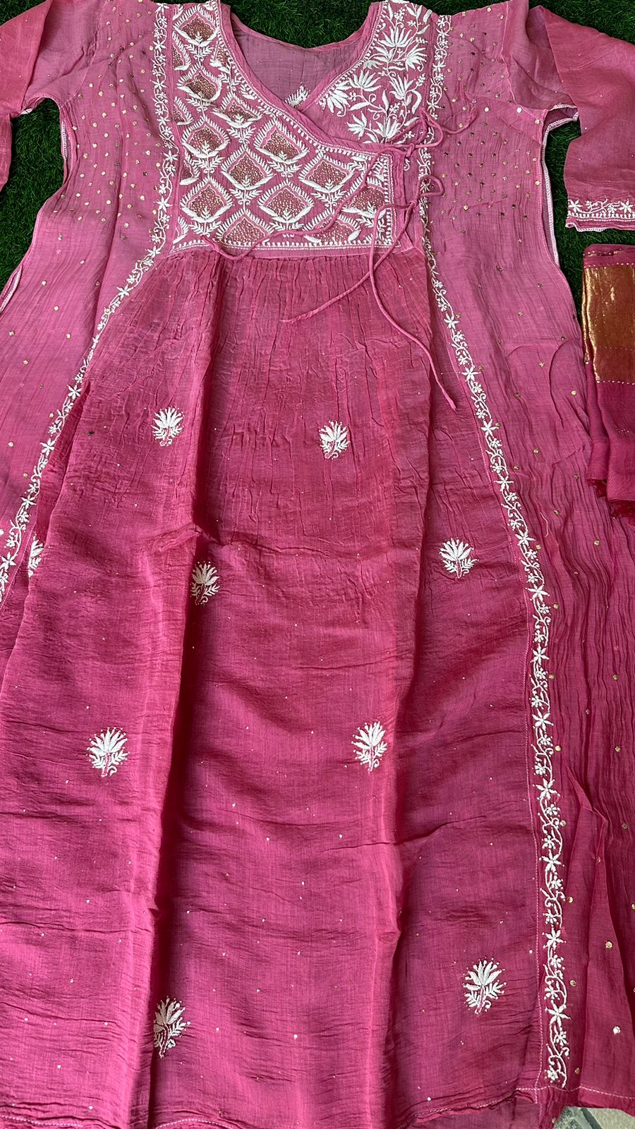 Elegant Mul chanderi silk Semi stitched Angarkha & dupatta set with Chikankari & Muqaish work