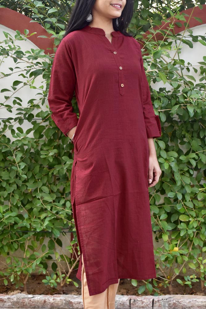 Beautiful Cotton Kurta with one side pocket size - 38 to 48 - dark maroon