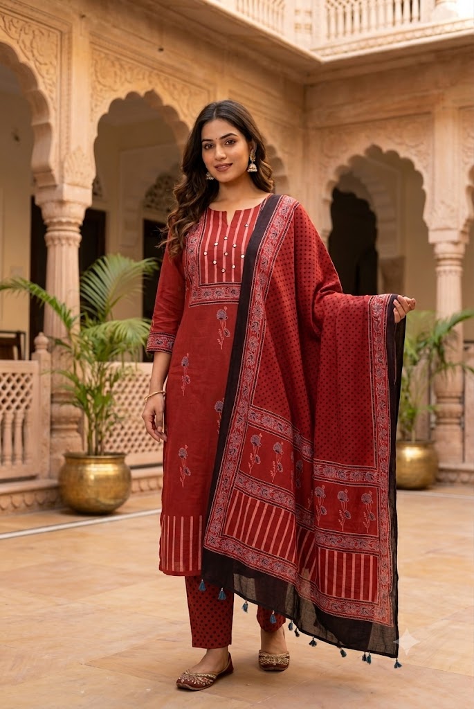 Ajrakh Hand Block Printed Stitched 3 pc Cotton Suit With Mirror Work - 38 to 44 size