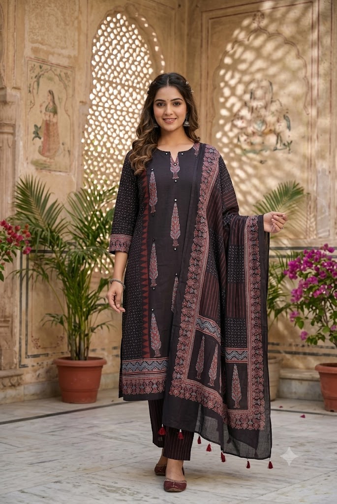Ajrakh Hand Block Printed Stitched 3 pc Cotton Suit With Mirror Work - 38 to 44 size