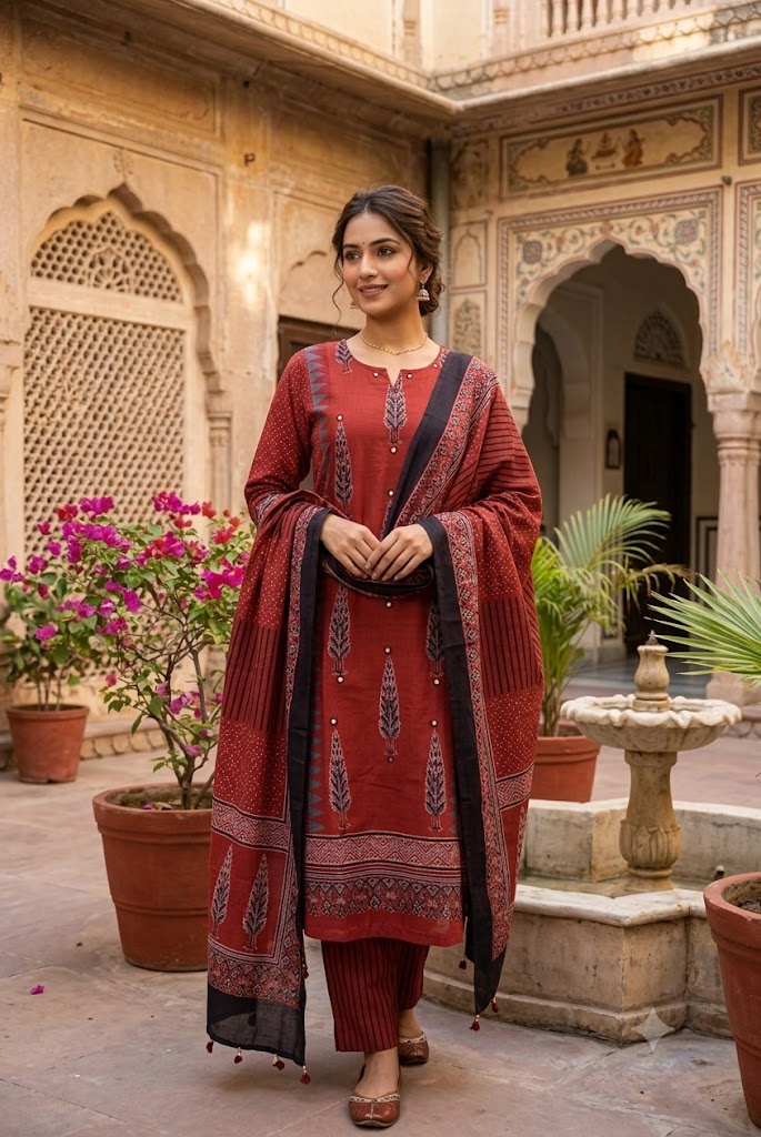 Ajrakh Hand Block Printed Stitched 3 pc Cotton Suit With Mirror Work - 38 to 44 size