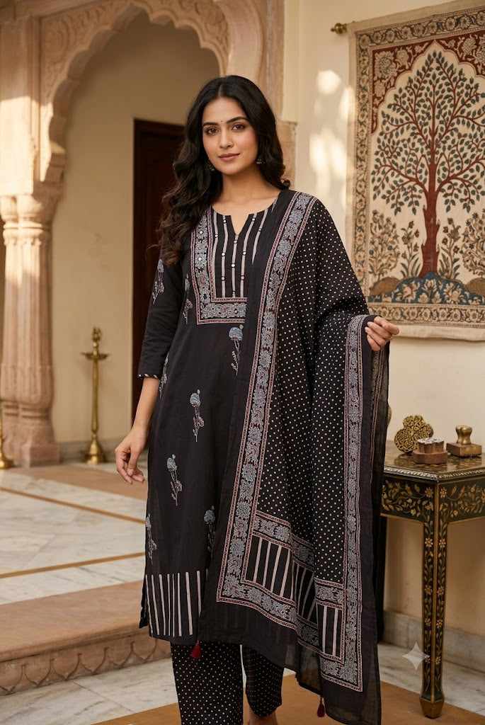 Ajrakh Hand Block Printed Stitched 3 pc Cotton Suit With Mirror Work - 38 to 44 size