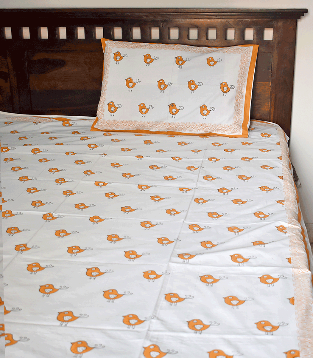 Hand block printed Percale cotton Single Bed sheet with Single ( 1 ) pillow cover for Kids room