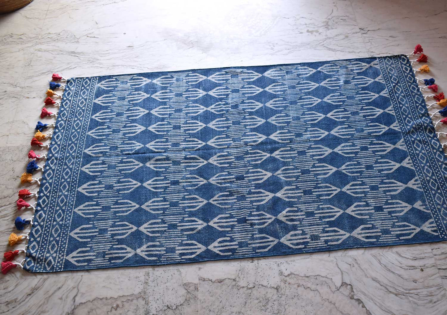 Hand Block Printed Indigo Rug with colorful tassels | 6 x 4 ft