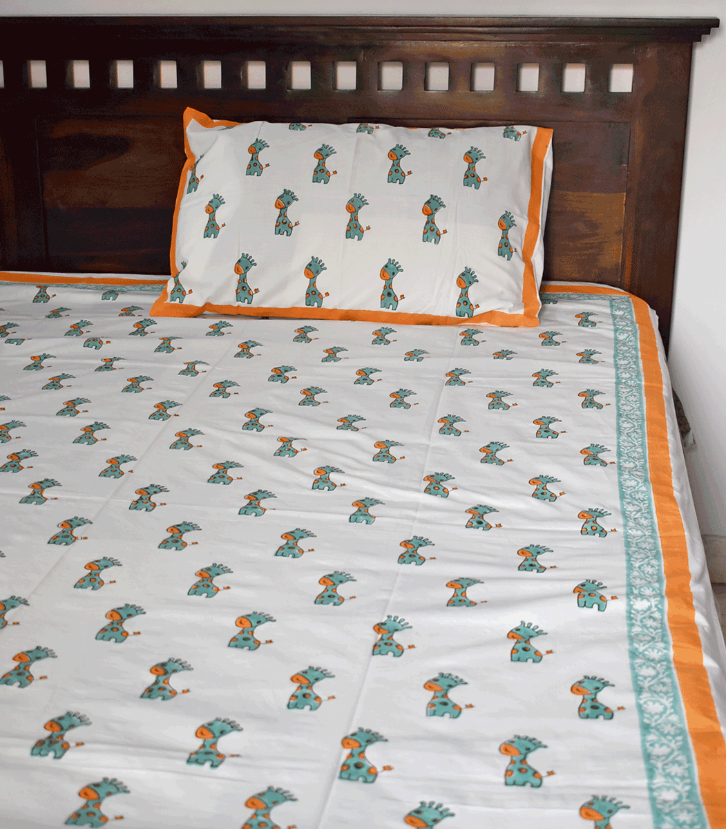 Hand block printed Percale cotton Single Bed sheet with Single ( 1 ) pillow cover for Kids room