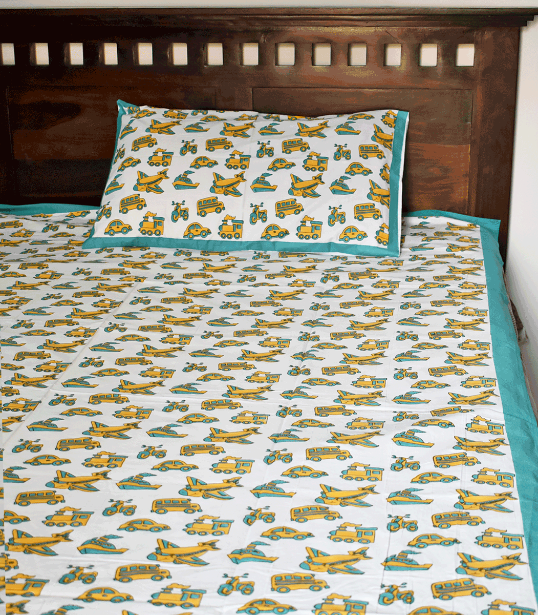 Hand block printed Percale cotton Single Bed sheet with Single 1