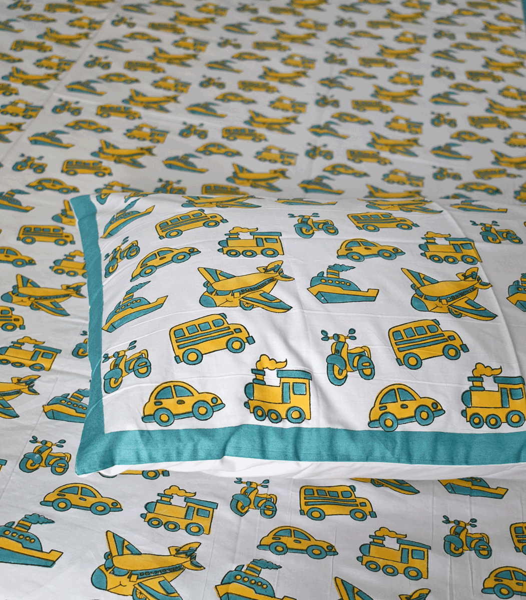 Hand block printed Percale cotton Single Bed sheet with Single ( 1 ) pillow cover for Kids room