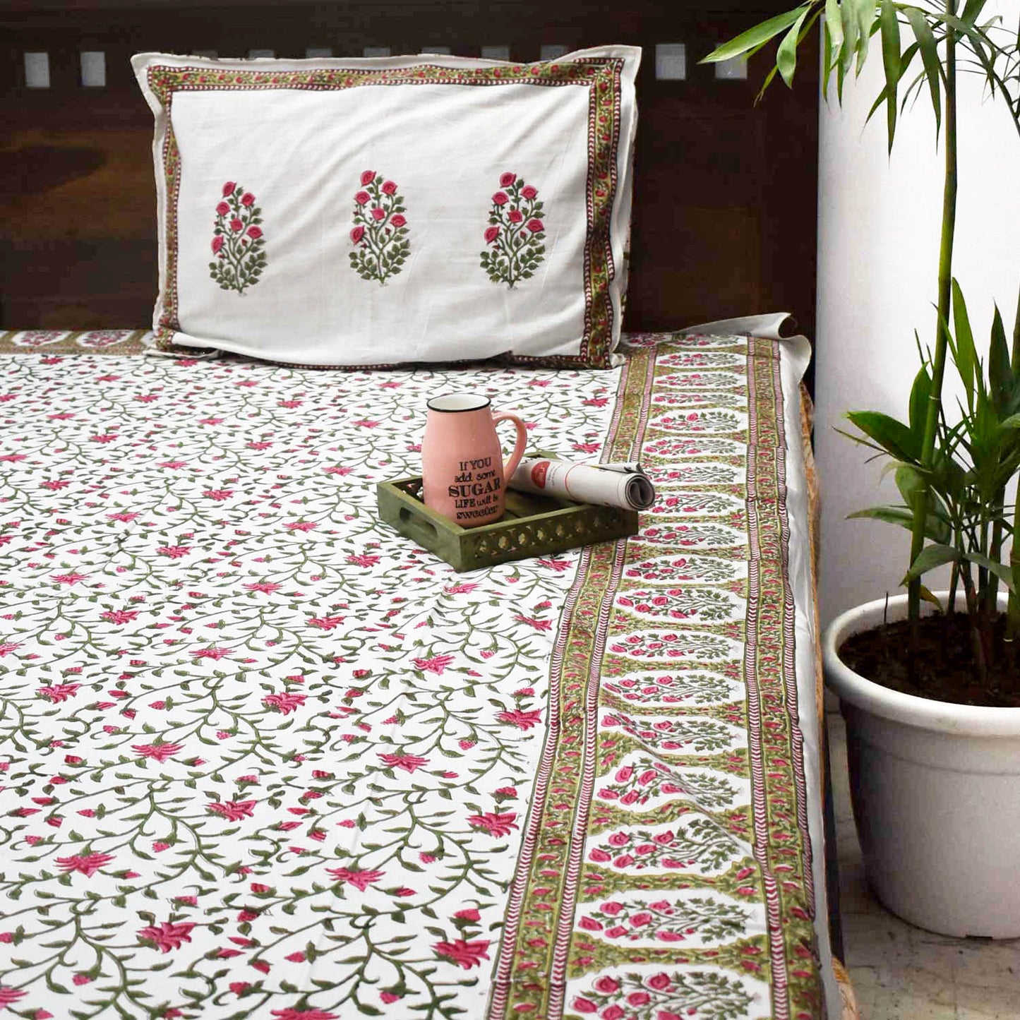 Hand block printed Single Bed sheet with Single ( 1 ) pillow cover