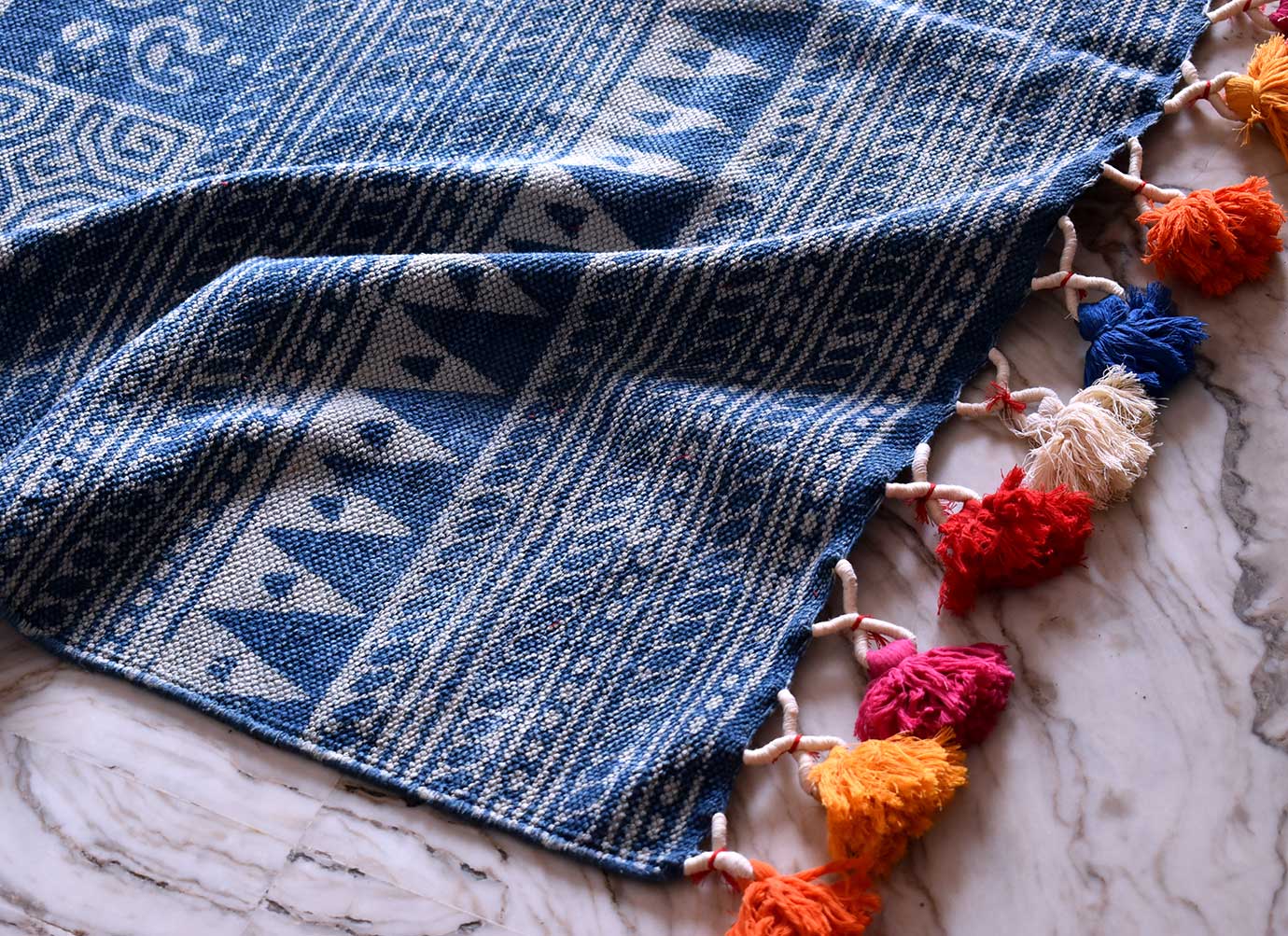 Hand Block Printed Indigo Rug with colorful tassels | 6 x 4 ft