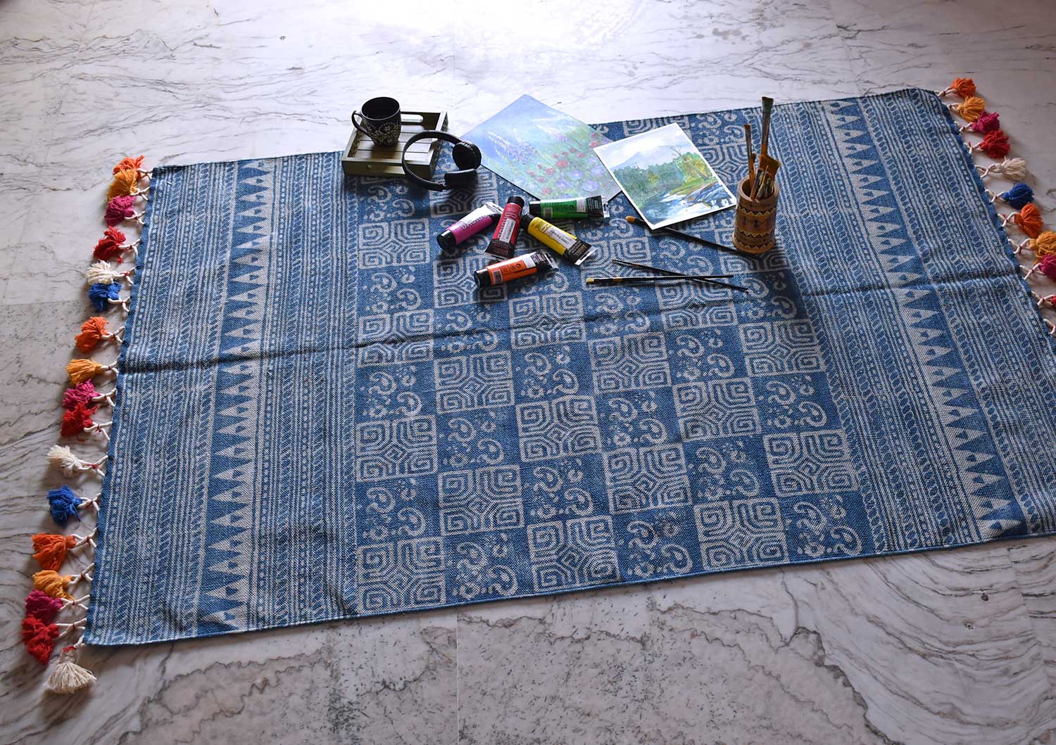 Hand Block Printed Indigo Rug with colorful tassels | 6 x 4 ft ...