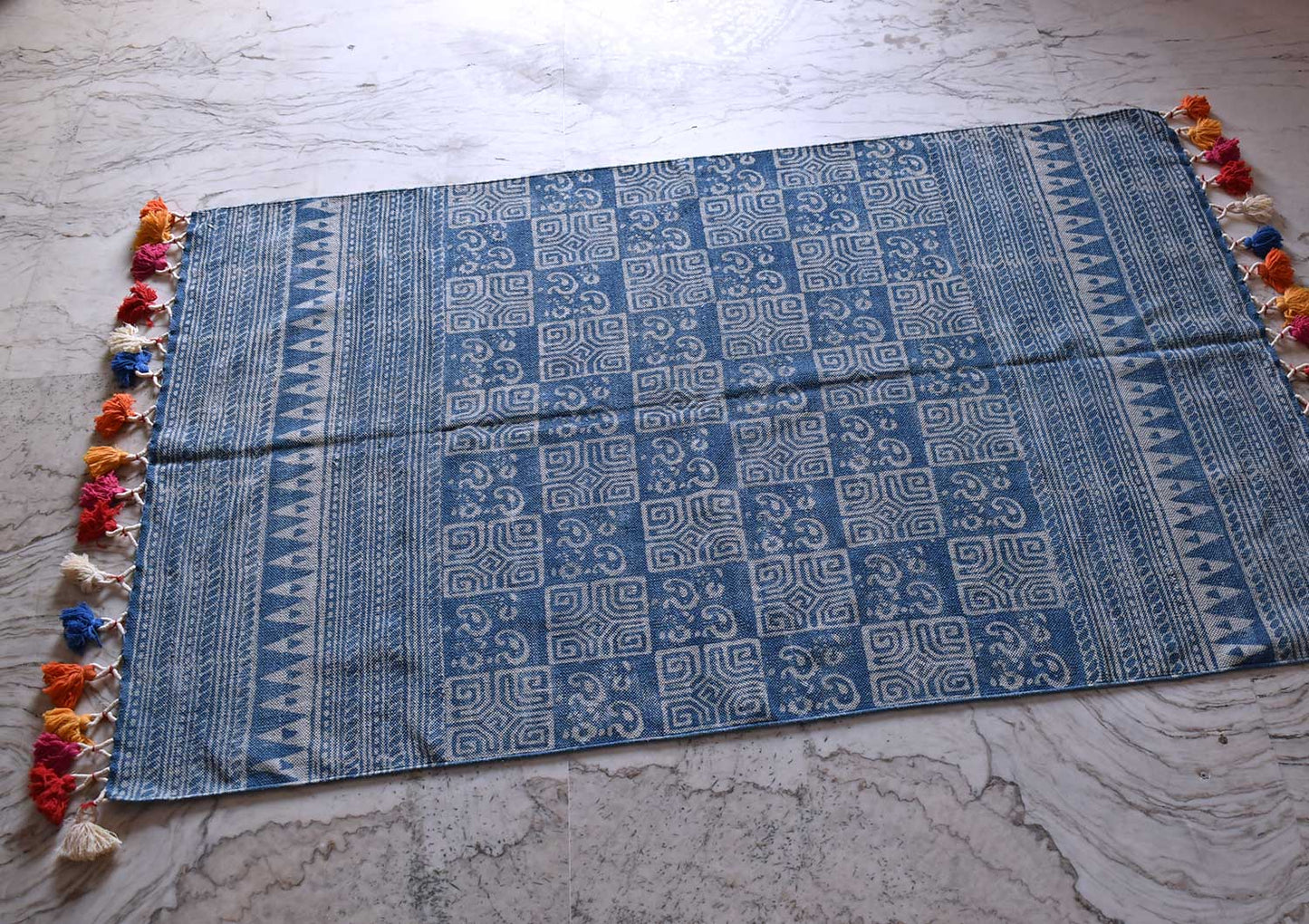 Hand Block Printed Indigo Rug with colorful tassels | 6 x 4 ft