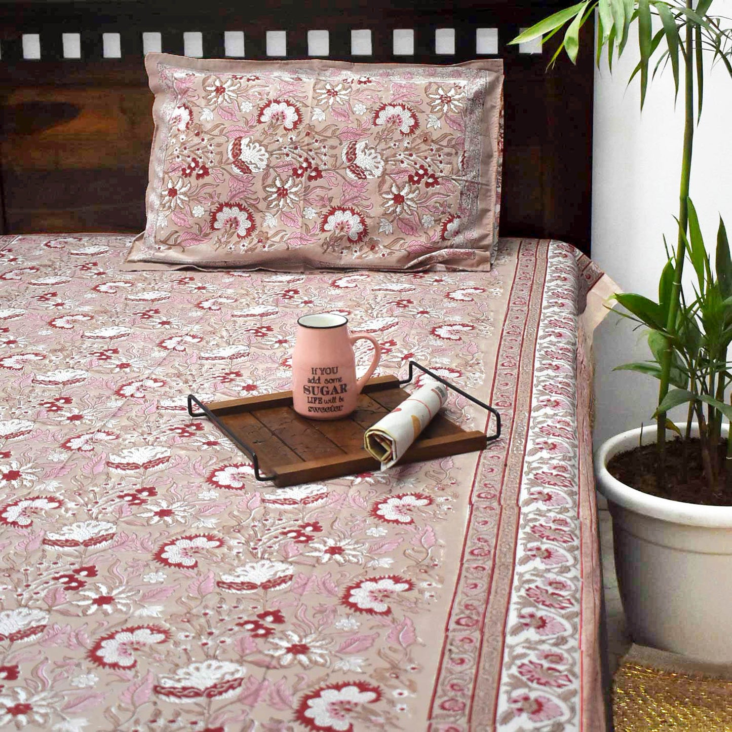 Hand block printed Single Bed sheet with Single ( 1 ) pillow cover